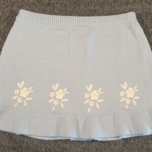 Francesca's Baby Blue Lilly Floral Knit Mini Skirt L Pastel Spring Ruffle Cute